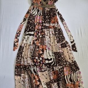 Lipstick Boutique Brown Floral-Print Dress with Orange & Pink Accents